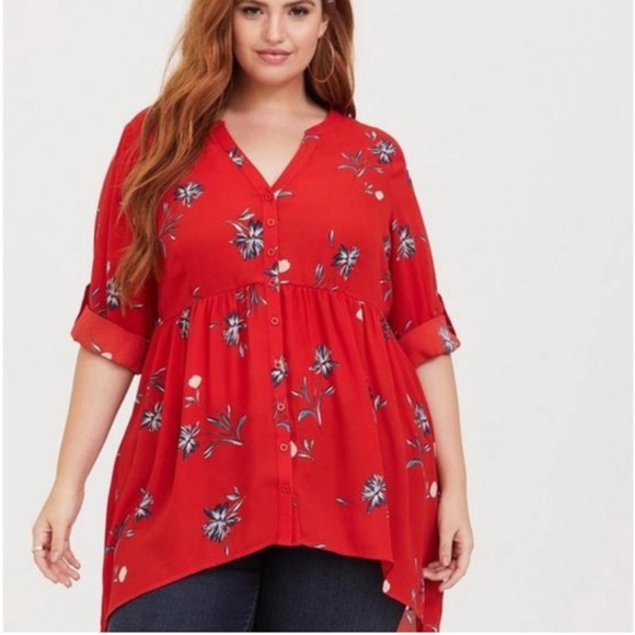 Torrid 2 Lexi Red Floral Tunic Top - Picture 1 of 8